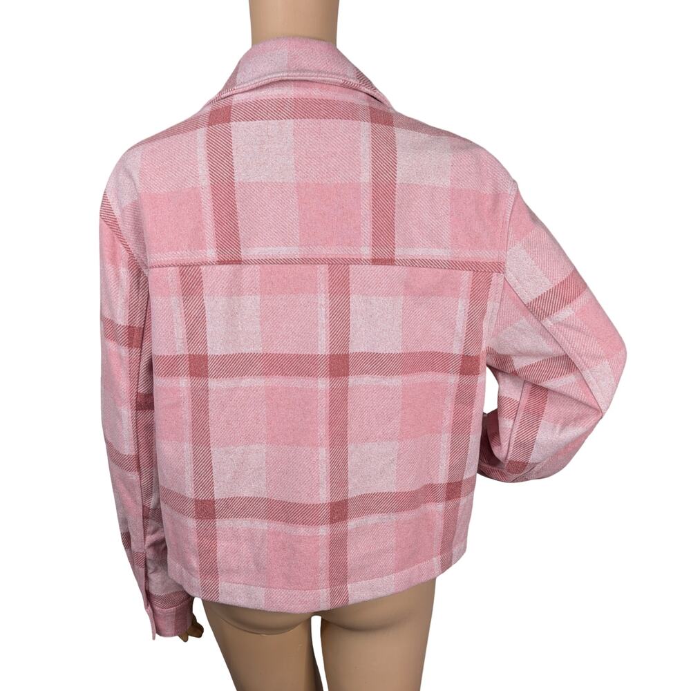Old Navy Pink Plaid Relaxed Shirt Jacket Full Zip Cropped Utility Shacket M - Picture 10 of 12
